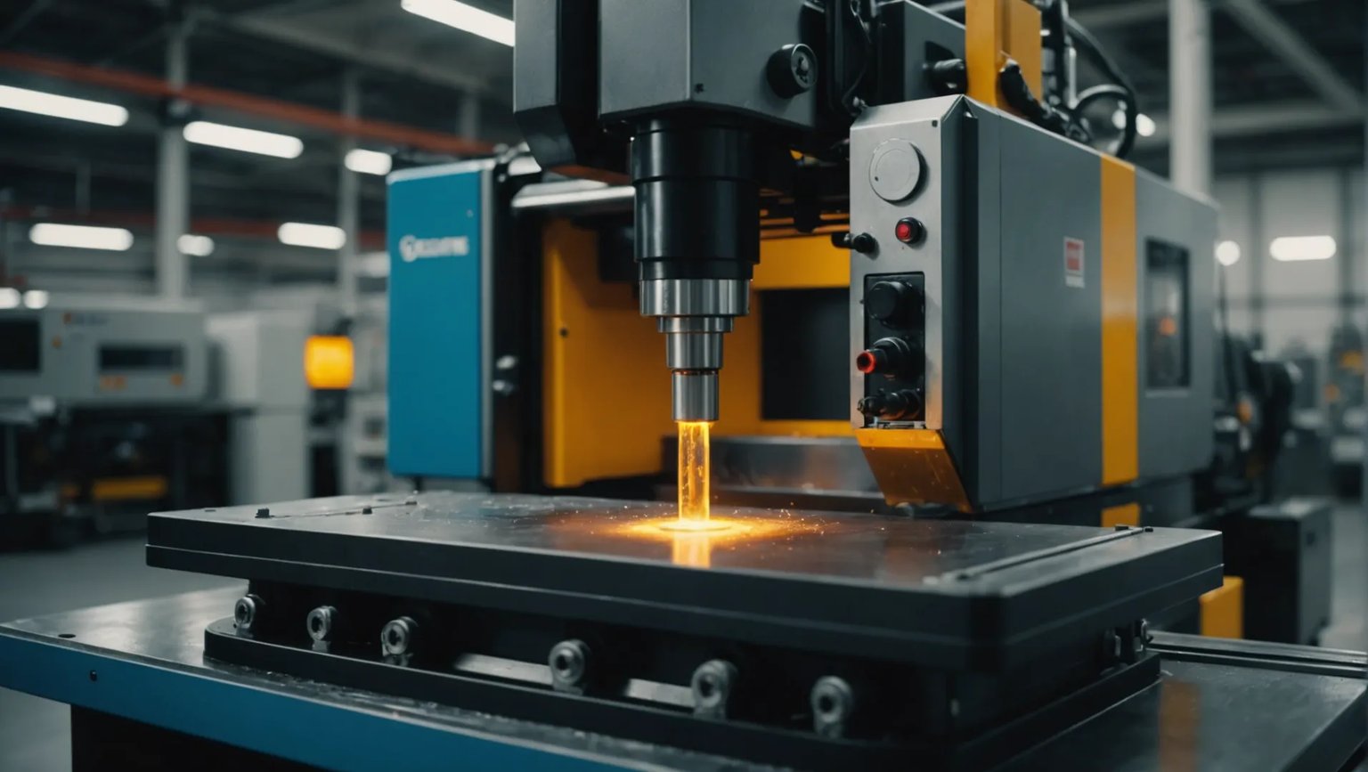 A close-up of an injection molding machine in action, showcasing the mold and precision engineering involved.