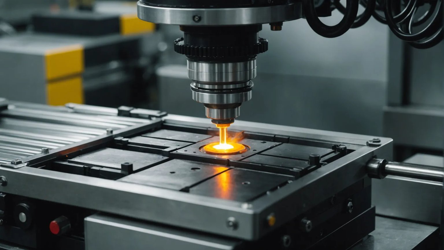 Close-up of injection molding machine in operation