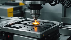 Close-up of injection molding machine in operation