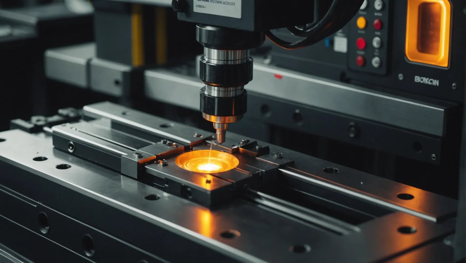 Close-up of an injection molding machine in operation.