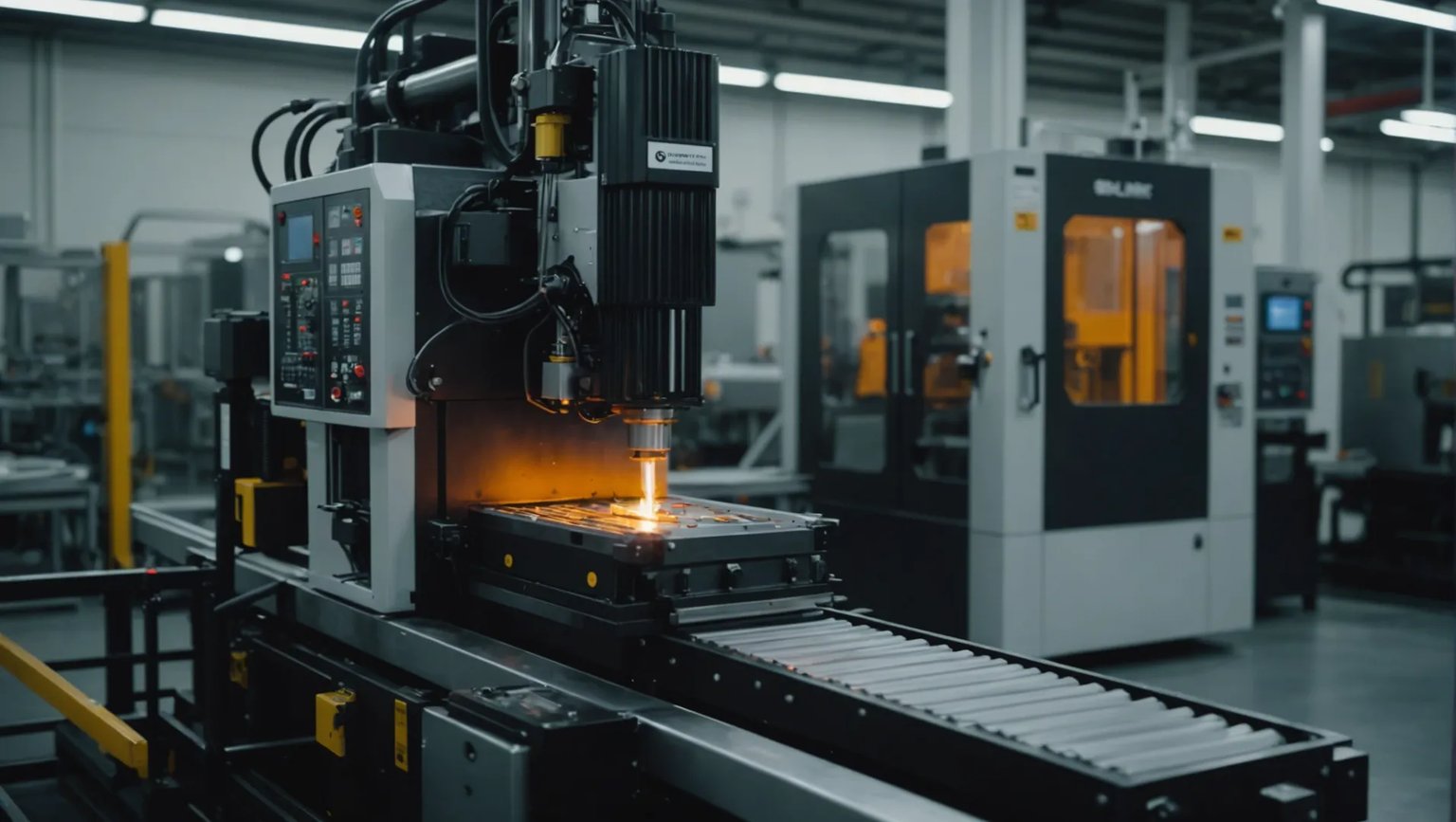 Injection molding machine in operation, showcasing precise mold filling