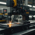 Injection molding machine with molten plastic being injected into a mold.