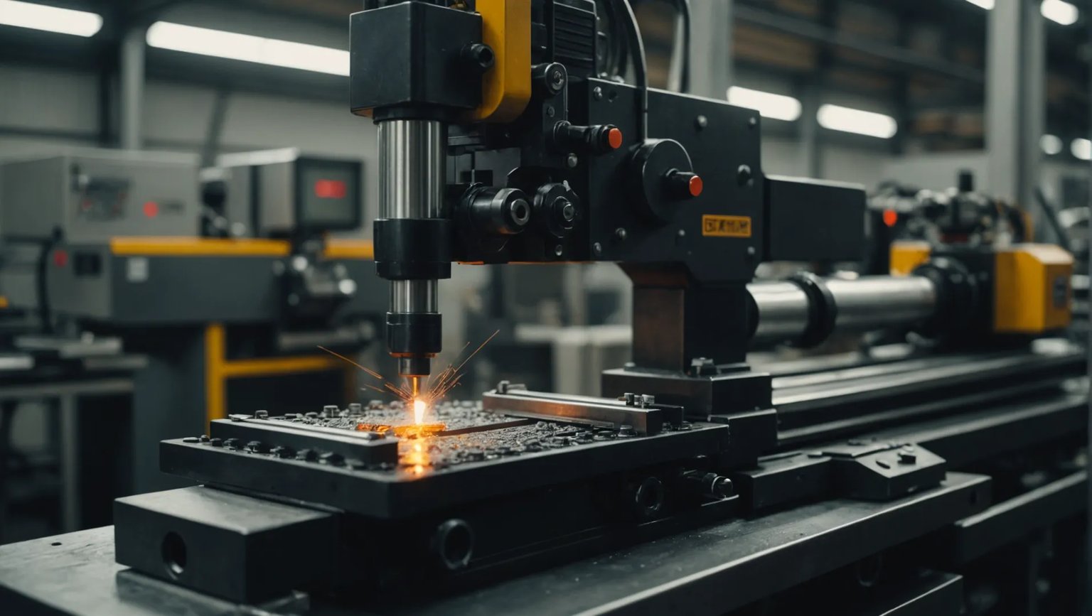 Injection molding machine with molten plastic being injected into a mold.