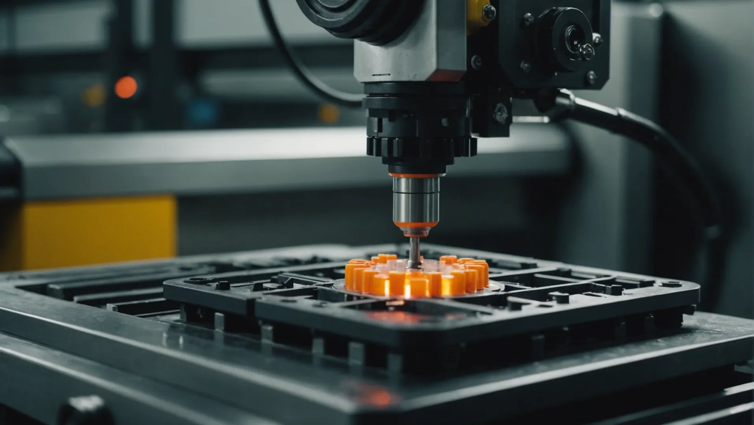 Close-up of an injection molding machine operating with plastic material being injected into a mold.