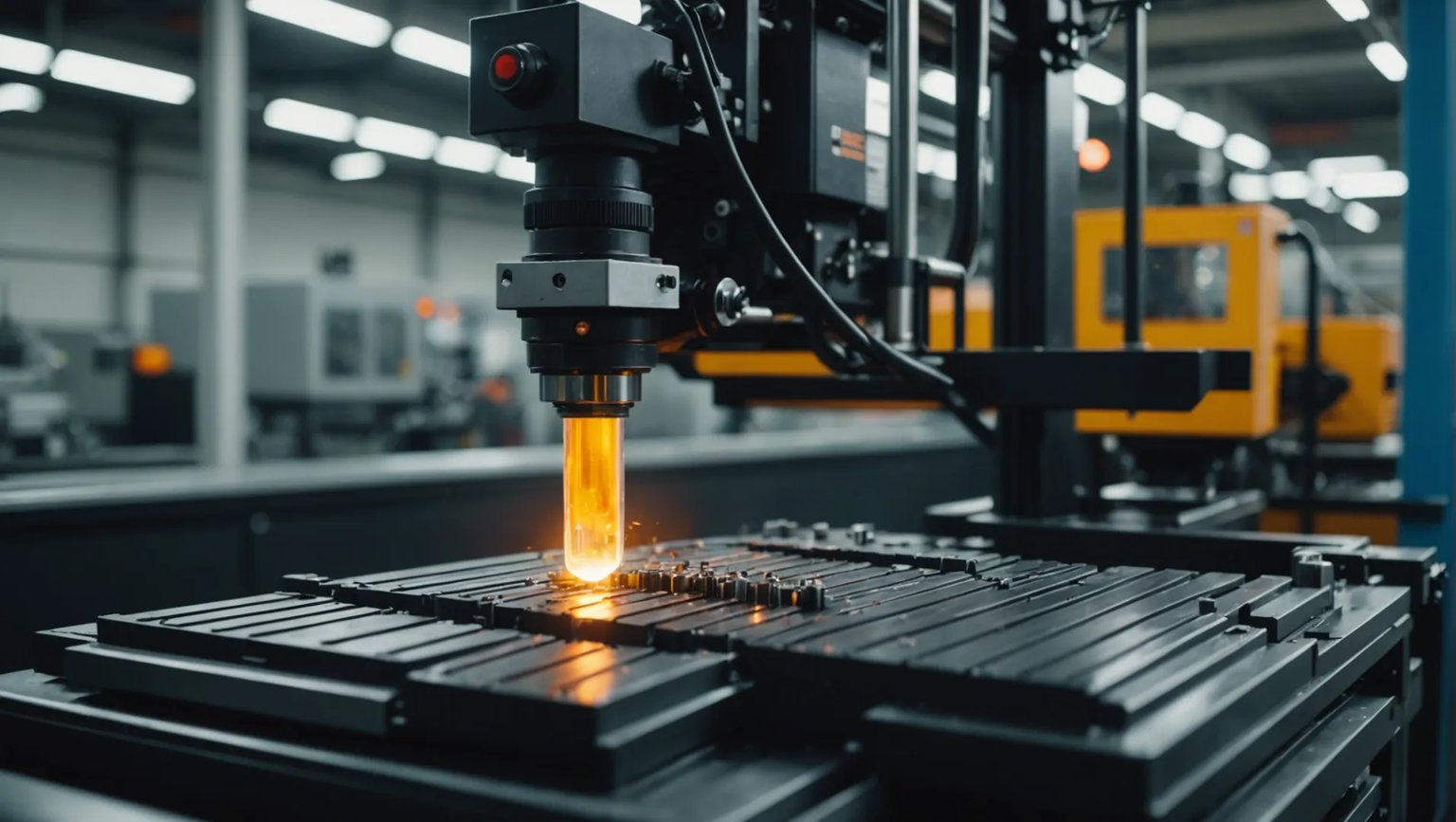 Close-up of an injection molding machine producing plastic parts