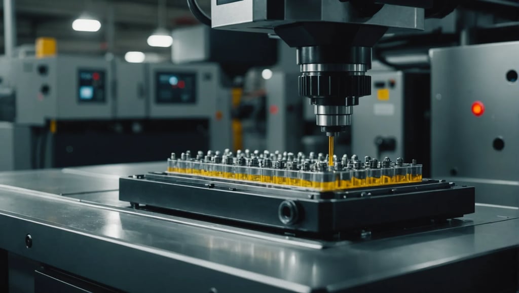 Close-up of an injection molding machine with a focus on the mold design and injection parameters