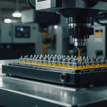 Close-up of an injection molding machine with a focus on the mold design and injection parameters