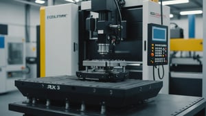 Close-up of an injection molding machine producing plastic parts