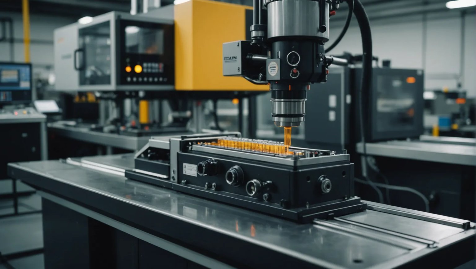 Close-up of injection molding machine with plastic material