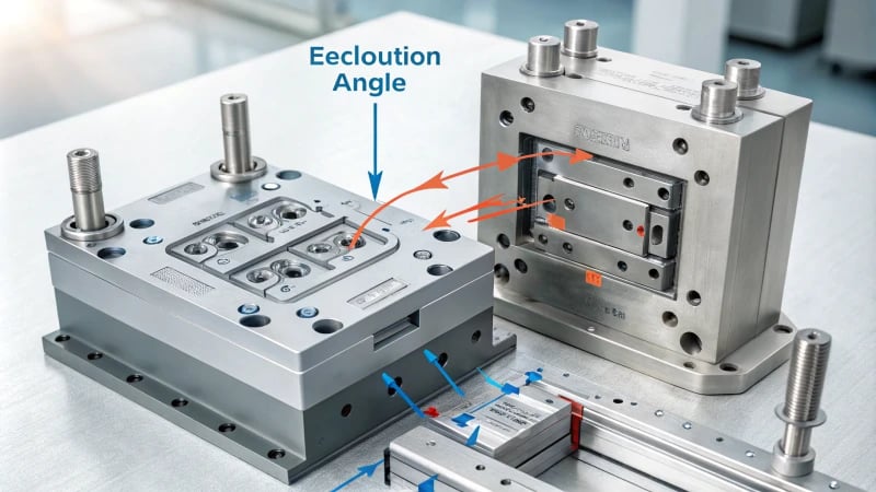 Technical illustration of injection molding process with focus on demoulding angle
