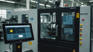 Injection molding machine with digital interface displaying optimization parameters.