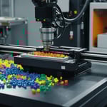 Injection molding machine with colorful plastic granules and a finished product.