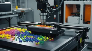 Injection molding machine with colorful plastic granules and a finished product.