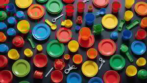 Various products made through injection molding including tableware, toys, and automotive parts.