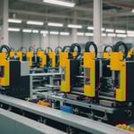 A vibrant and detailed toy factory floor showcasing injection molding machines creating colorful plastic toys.