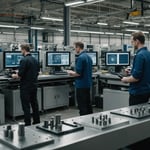 A detailed image of an injection mould manufacturing process in a factory setting, highlighting complexity and precision.