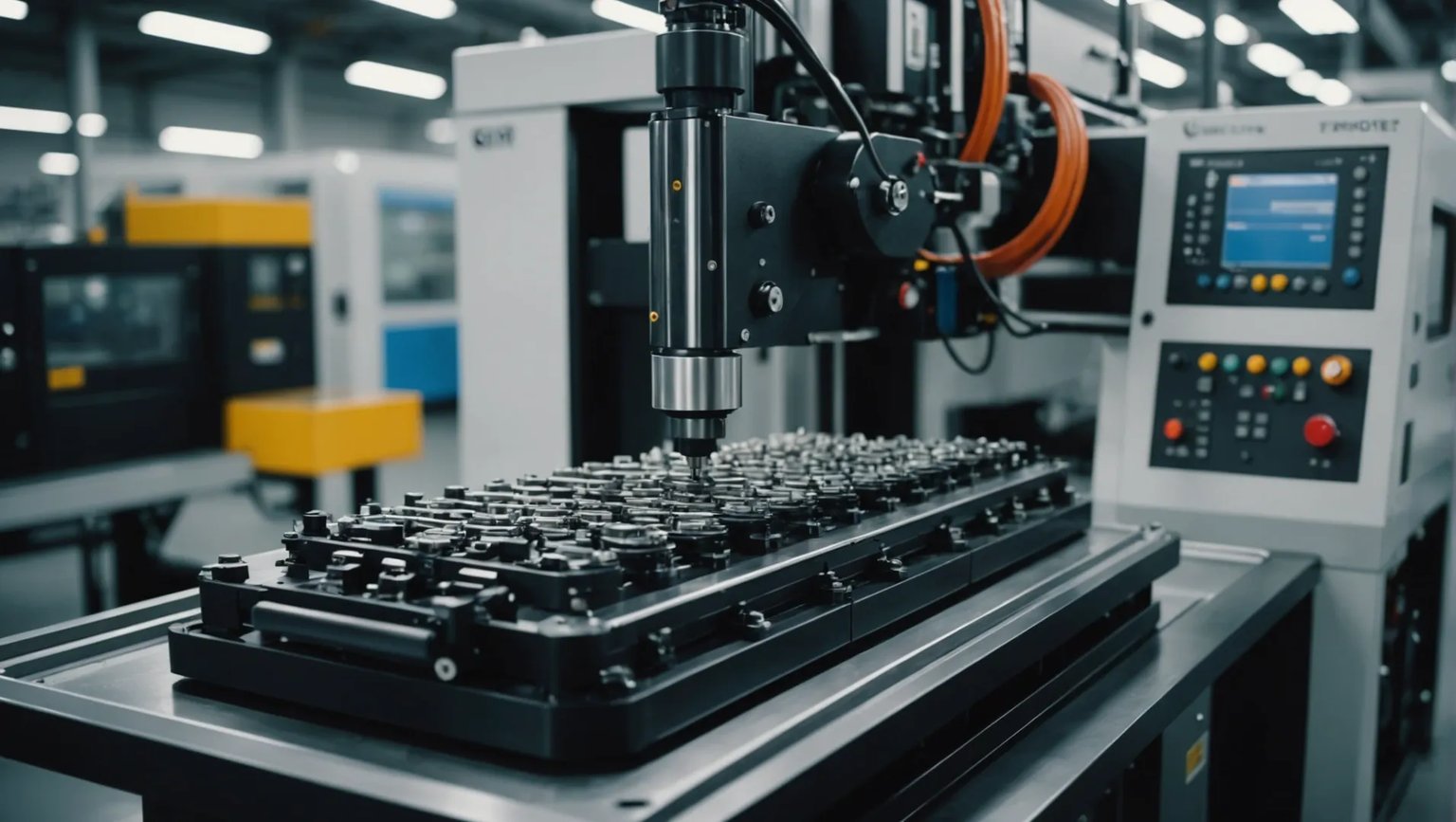 Injection molding machine producing various plastic components for different industries