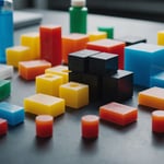 Various injection moulding materials displayed with a moulding machine in the background