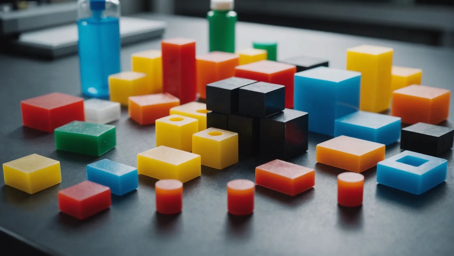 Various injection moulding materials displayed with a moulding machine in the background