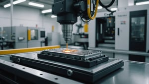 Close-up of an injection molding machine producing a small precision part