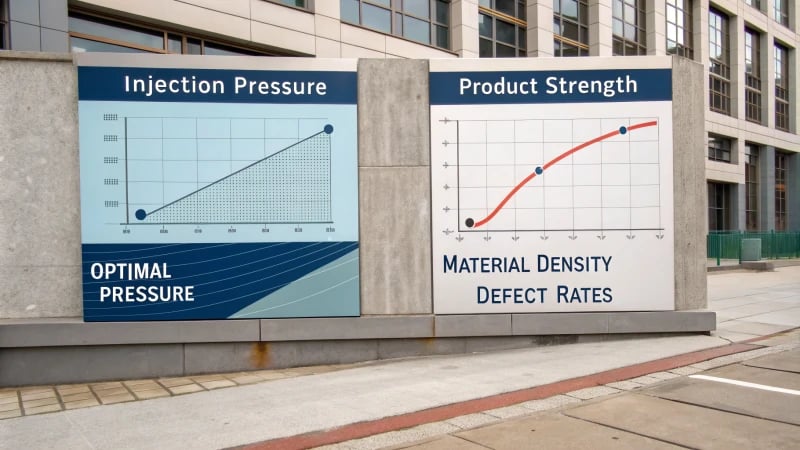 Diagram showing the relationship between injection pressure and product strength with labeled graphs