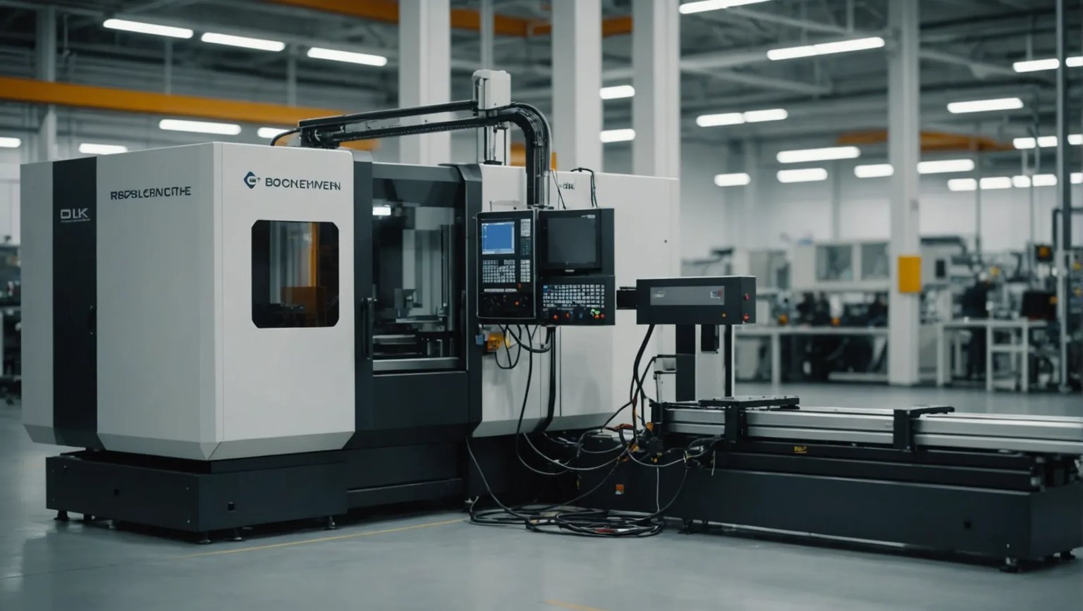 A modern injection molding machine crafting electronic components in a factory setting.