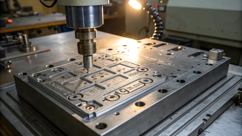 Close-up of an industrial mold with detailed engravings