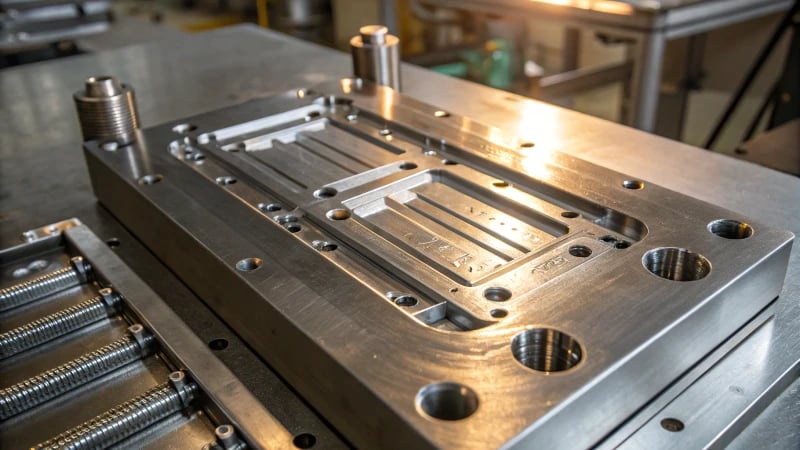 Close-up view of a polished steel injection mold