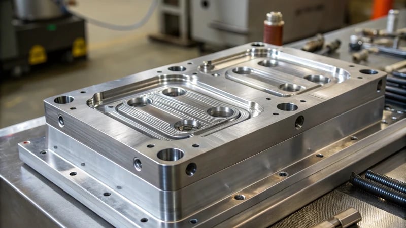 Close-up of an intricate injection mold with detailed features