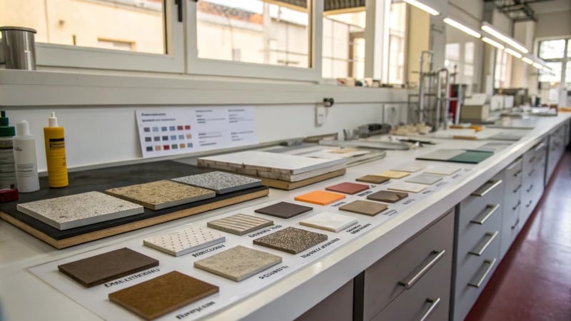 A clean laboratory workbench displaying various material samples.