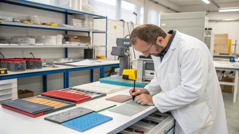 Technician conducting scratch resistance tests in a laboratory.
