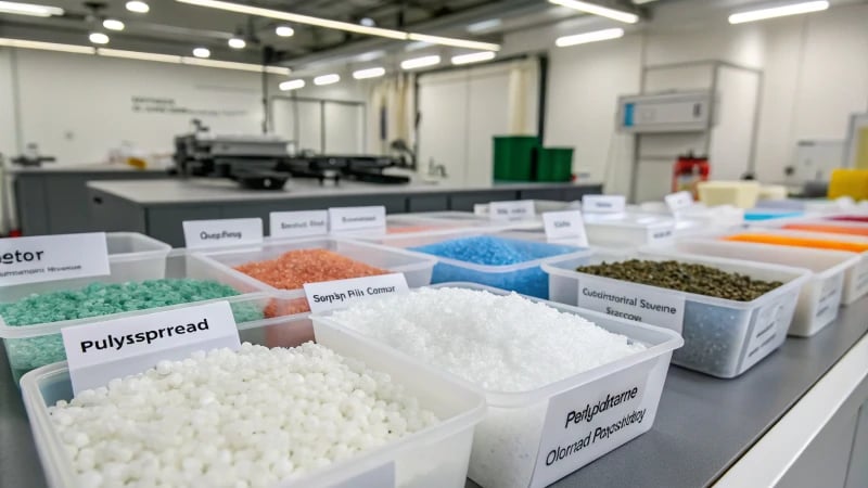 Close-up view of laboratory table with plastic samples and equipment