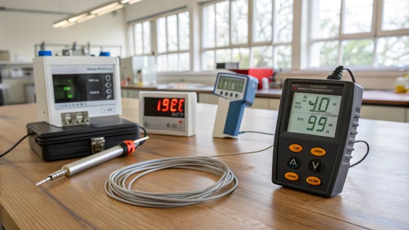 A laboratory table with various temperature measurement instruments including a thermocouple, infrared thermometer, and RTD
