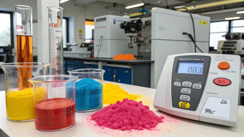 A laboratory setting focused on testing plastic additives with colorful beakers and advanced machinery in the background.