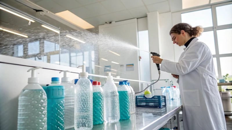 Technician in a lab inspecting plastic products under water spray