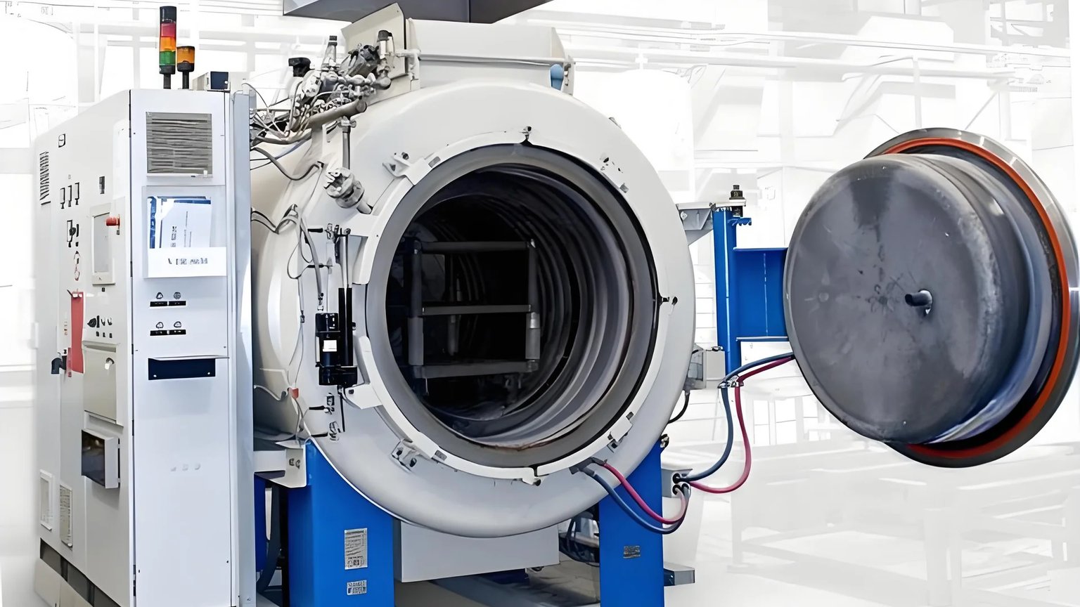 Large industrial vacuum chamber with control panel and locking mechanism