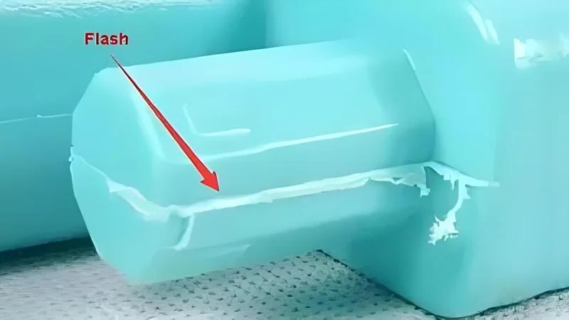 Plastic Components with Flash Defects Close-up of injection molded plastic components showing flash defects