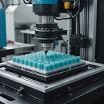 Close-up of LSR injection molding process showing machinery and silicone components.