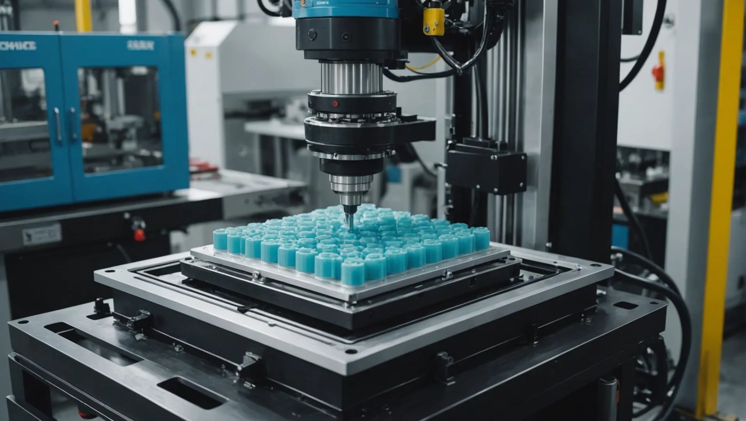 Close-up of LSR injection molding process showing machinery and silicone components.