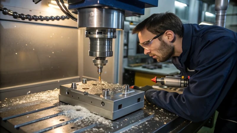 A machinist at a CNC milling machine in a workshop