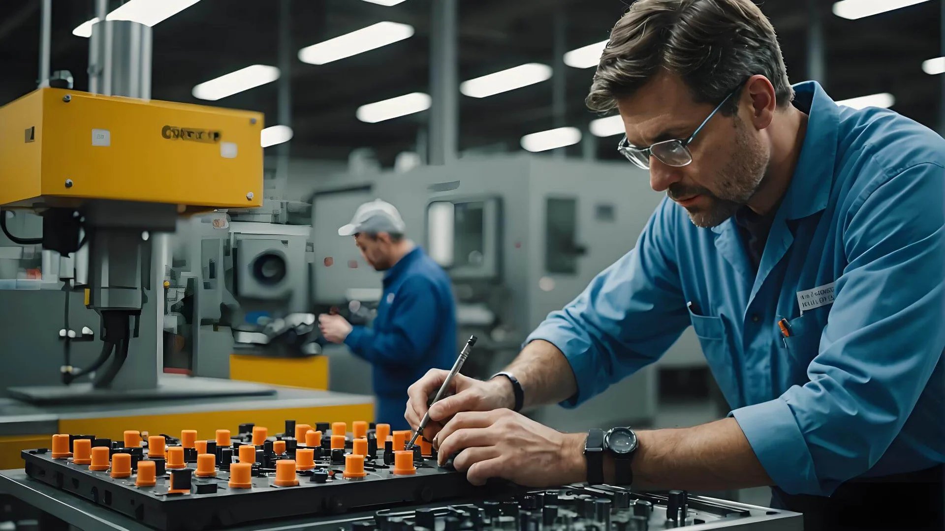 A technician inspecting a mold for injection molding with color samples