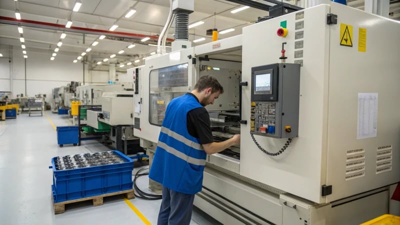 Technician monitoring an injection molding machine