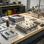 Various manufacturing molds on a workshop bench