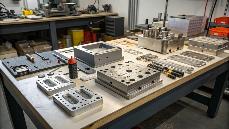 Various manufacturing molds on a workshop bench