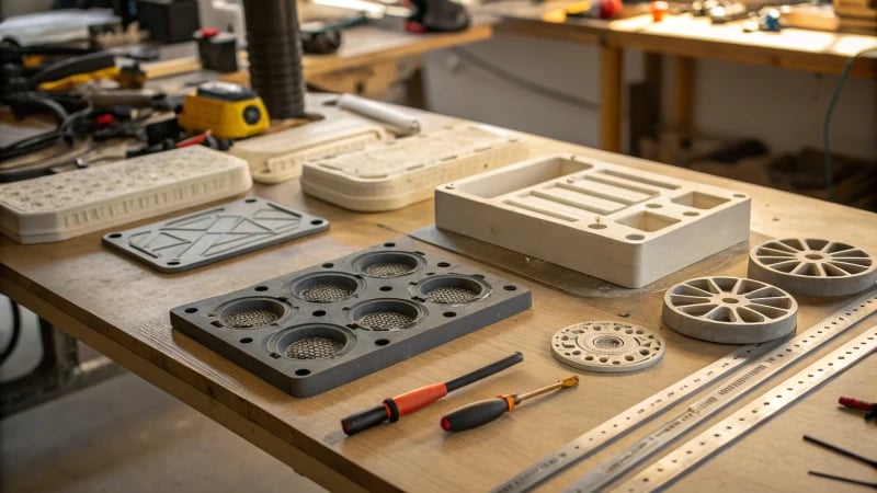 Various manufacturing molds on a workshop table