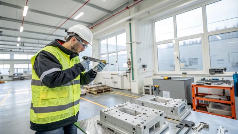 A technician in safety gear inspecting a plastic mold in a manufacturing facility.