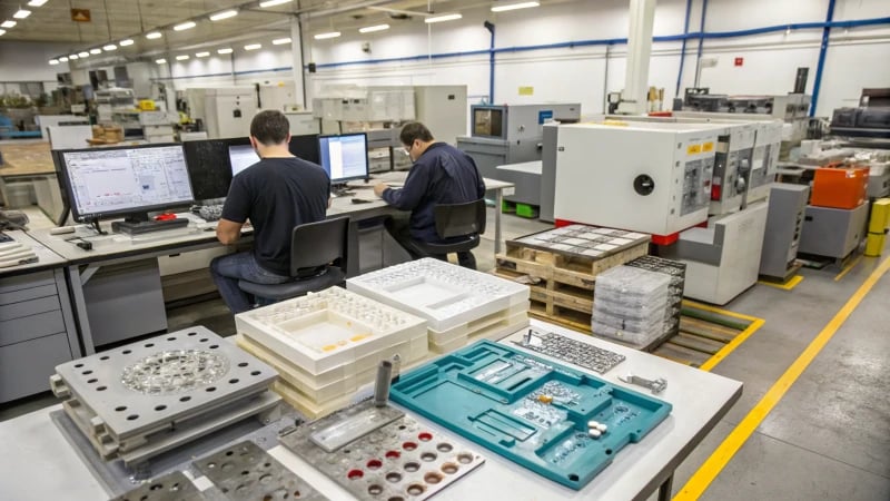 A busy manufacturing workshop with workers examining designs and operating CNC machines.