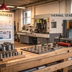 A manufacturing workshop showcasing mold materials and processing tools.