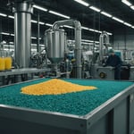 Masterbatch production process for injection molding showing machinery and raw materials