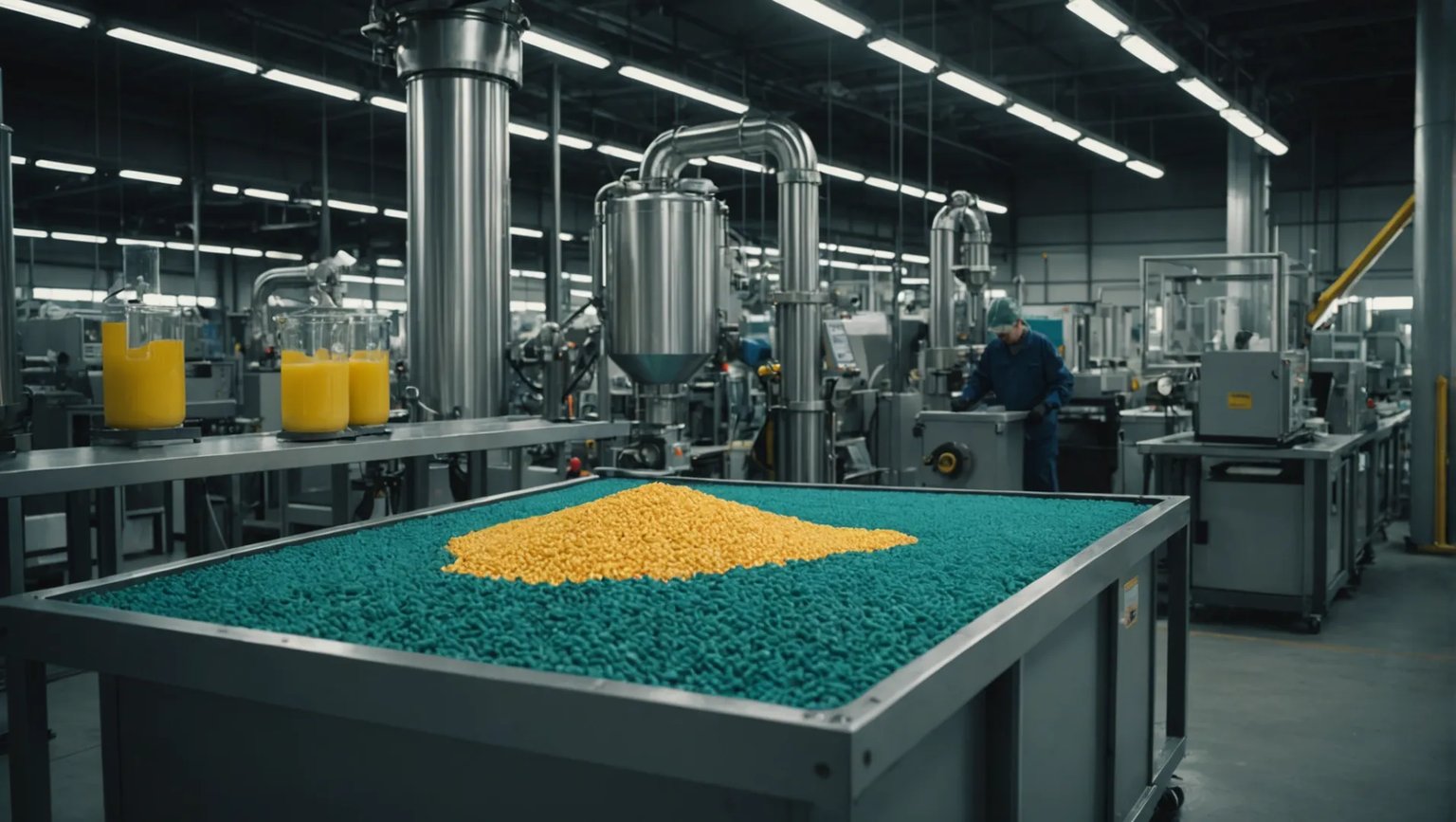 Masterbatch production process for injection molding showing machinery and raw materials